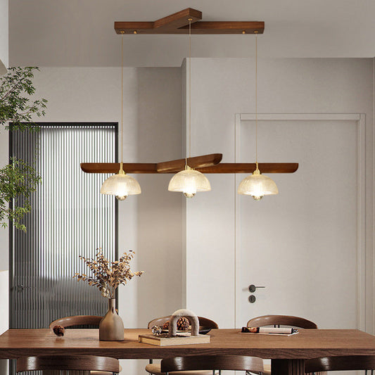 Traditional Japanese Semicircle Solid Wood Glass 3 - Light Chandelier For Dining Room