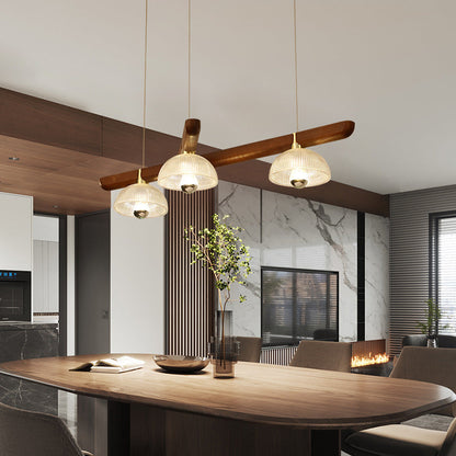 Traditional Japanese Semicircle Solid Wood Glass 3 - Light Chandelier For Dining Room
