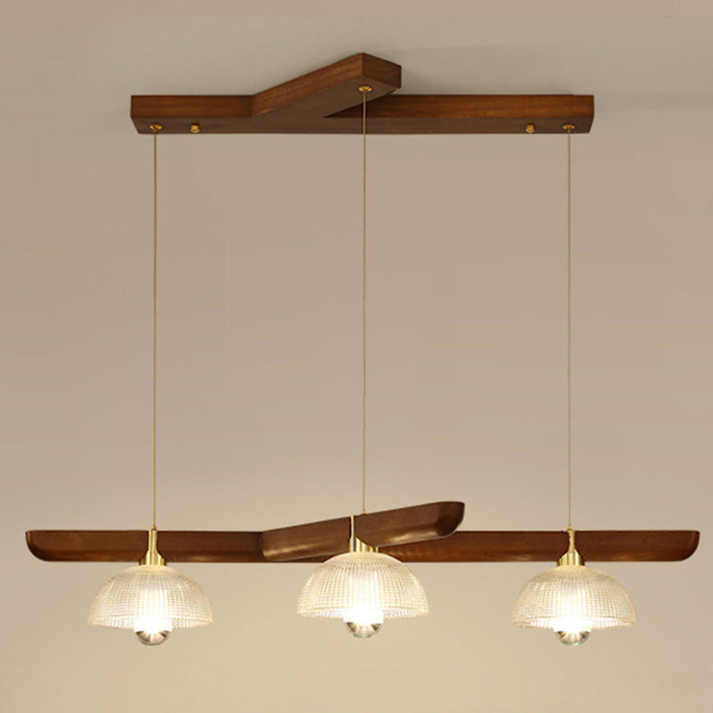 Traditional Japanese Semicircle Solid Wood Glass 3 - Light Chandelier For Dining Room