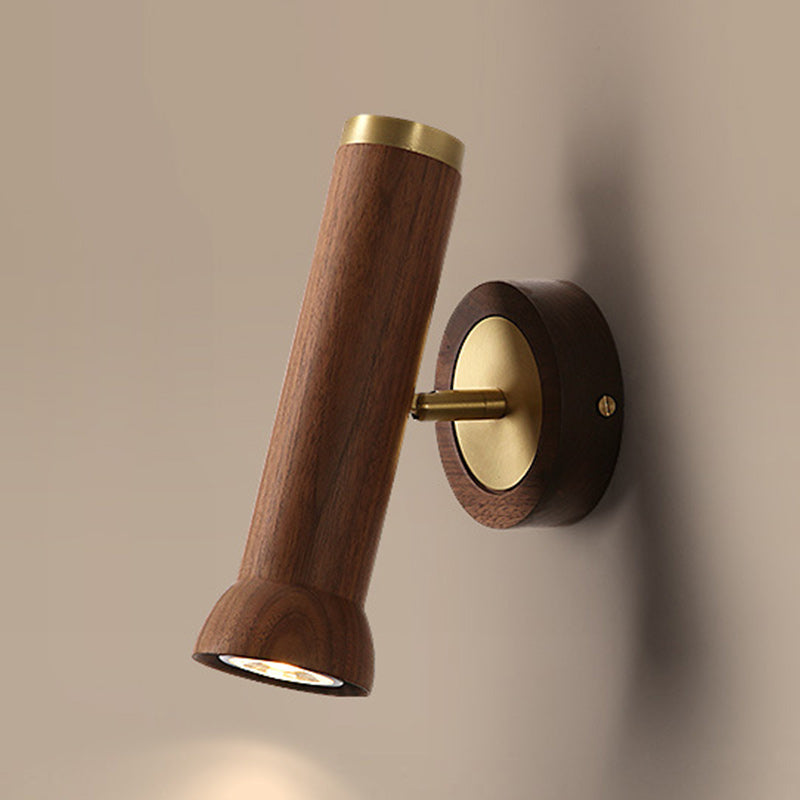 Traditional Japanese Cylindrical Flashlight Shape Copper Walnut Lampshade 1 - Light Wall Sconce Lamp For Living Room