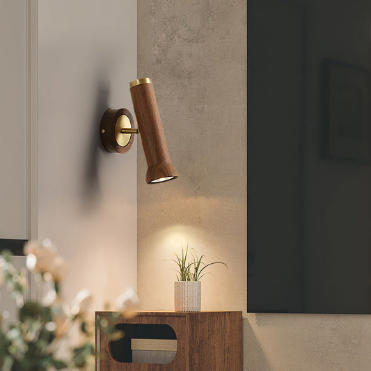 Traditional Japanese Cylindrical Flashlight Shape Copper Walnut Lampshade 1 - Light Wall Sconce Lamp For Living Room