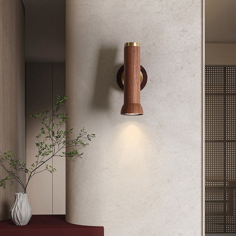 Traditional Japanese Cylindrical Flashlight Shape Copper Walnut Lampshade 1 - Light Wall Sconce Lamp For Living Room