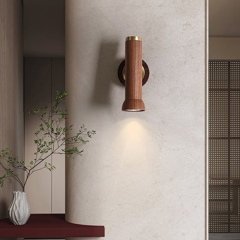 Traditional Japanese Cylindrical Flashlight Shape Copper Walnut Lampshade 1 - Light Wall Sconce Lamp For Living Room