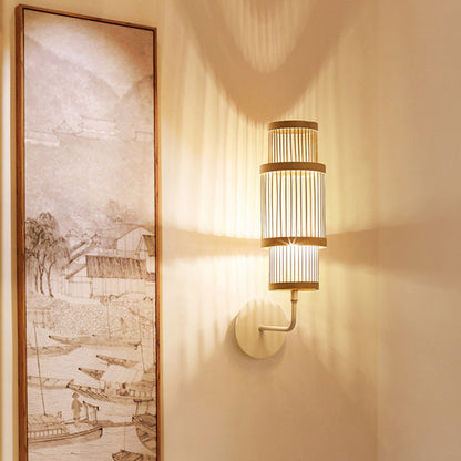 Traditional Japanese Cylindrical Bamboo Lampshade 1 - Light Wall Sconce Lamp For Dining Room