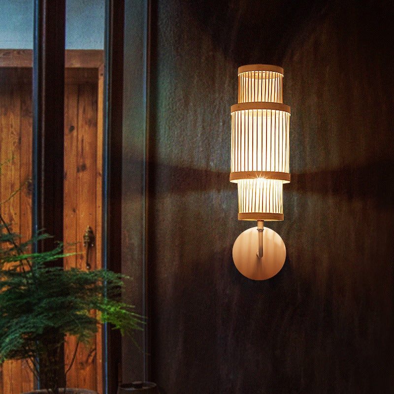 Traditional Japanese Cylindrical Bamboo Lampshade 1 - Light Wall Sconce Lamp For Dining Room