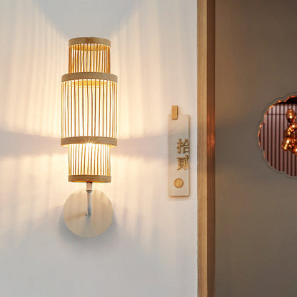 Traditional Japanese Cylindrical Bamboo Lampshade 1 - Light Wall Sconce Lamp For Dining Room