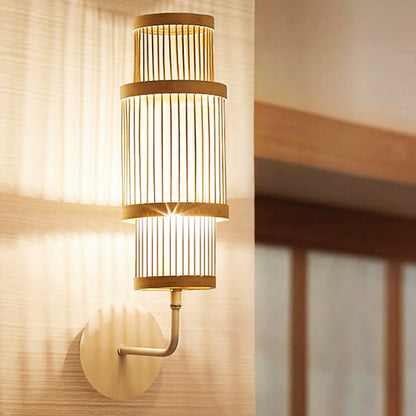 Traditional Japanese Cylindrical Bamboo Lampshade 1 - Light Wall Sconce Lamp For Dining Room
