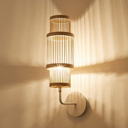 Traditional Japanese Cylindrical Bamboo Lampshade 1 - Light Wall Sconce Lamp For Dining Room