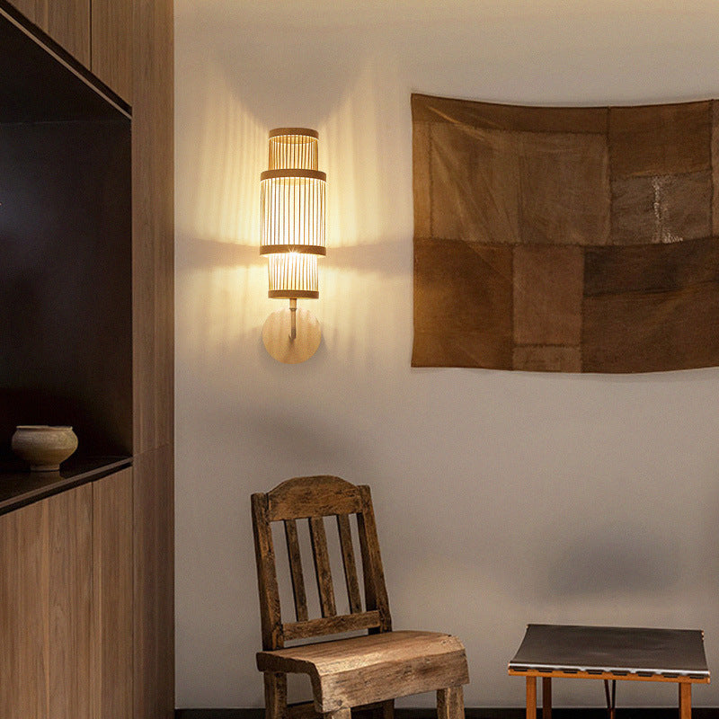 Traditional Japanese Cylindrical Bamboo Lampshade 1 - Light Wall Sconce Lamp For Dining Room