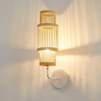 Traditional Japanese Cylindrical Bamboo Lampshade 1 - Light Wall Sconce Lamp For Dining Room