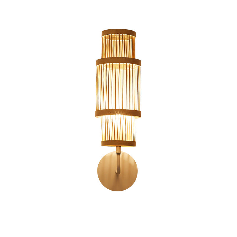 Traditional Japanese Cylindrical Bamboo Lampshade 1 - Light Wall Sconce Lamp For Dining Room