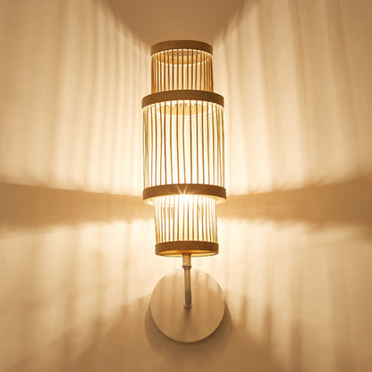 Traditional Japanese Cylindrical Bamboo Lampshade 1 - Light Wall Sconce Lamp For Dining Room
