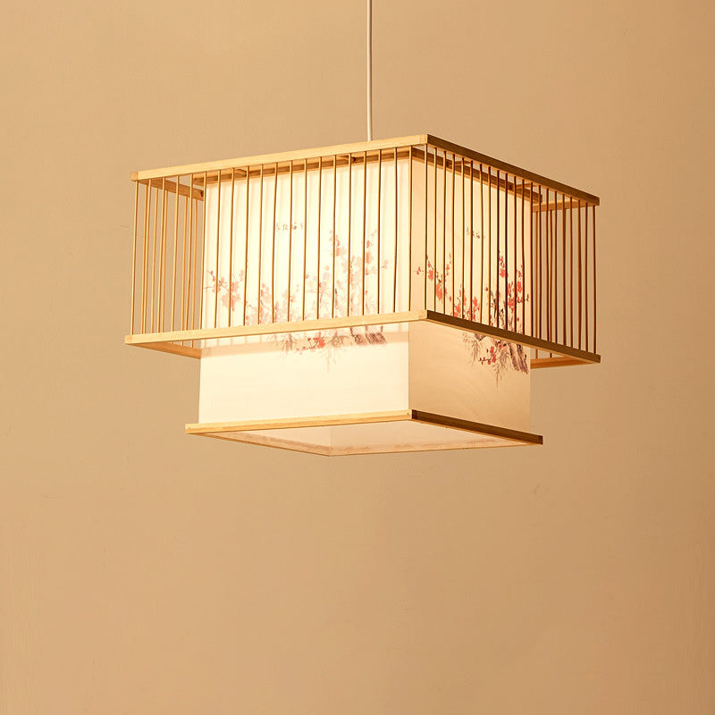 Traditional Japanese Square Cube Embroidery PVC Bamboo 1 - Light Chandelier For Dining Room