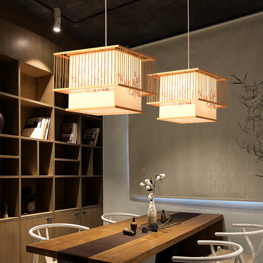 Traditional Japanese Square Cube Embroidery PVC Bamboo 1 - Light Chandelier For Dining Room