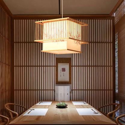 Traditional Japanese Square Cube Embroidery PVC Bamboo 1 - Light Chandelier For Dining Room