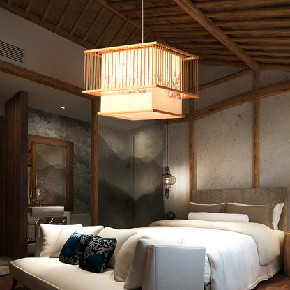 Traditional Japanese Square Cube Embroidery PVC Bamboo 1 - Light Chandelier For Dining Room