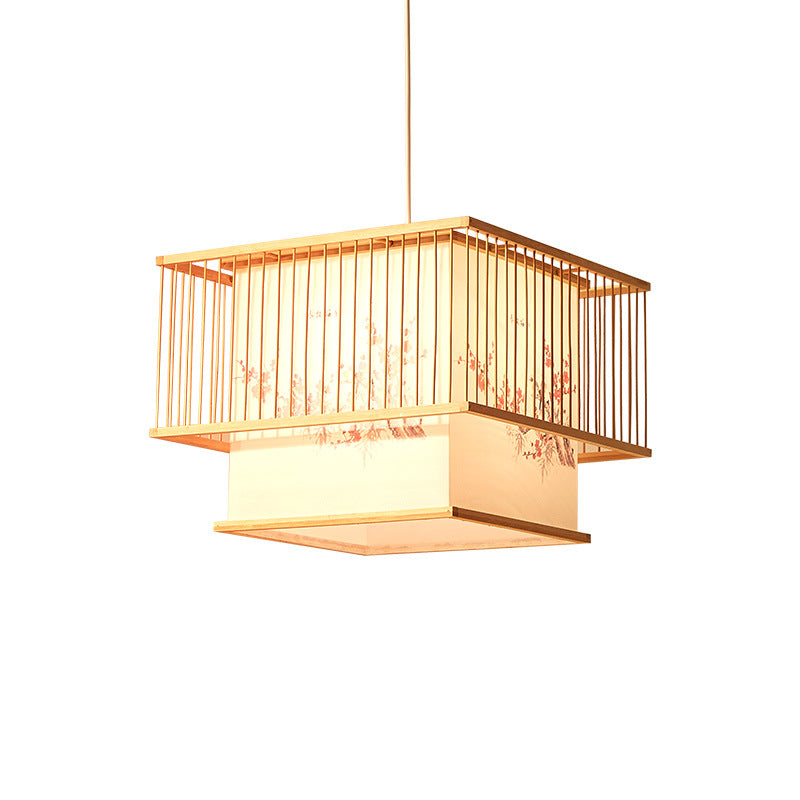 Traditional Japanese Square Cube Embroidery PVC Bamboo 1 - Light Chandelier For Dining Room