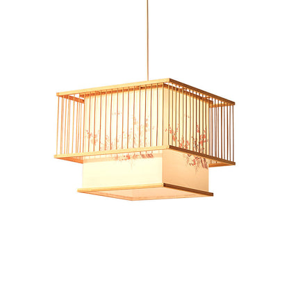 Traditional Japanese Square Cube Embroidery PVC Bamboo 1 - Light Chandelier For Dining Room