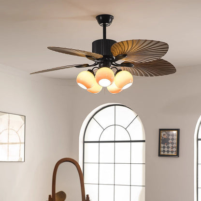 Traditional French Banana Leaves ABS Fan Round Glass Lampshade Iron 5 - Light Downrods Ceiling Fan Light For Living Room