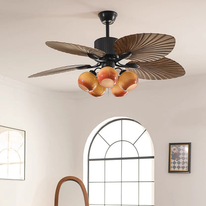 Traditional French Banana Leaves ABS Fan Round Glass Lampshade Iron 5 - Light Downrods Ceiling Fan Light For Living Room