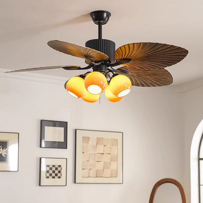 Traditional French Banana Leaves ABS Fan Round Glass Lampshade Iron 5 - Light Downrods Ceiling Fan Light For Living Room