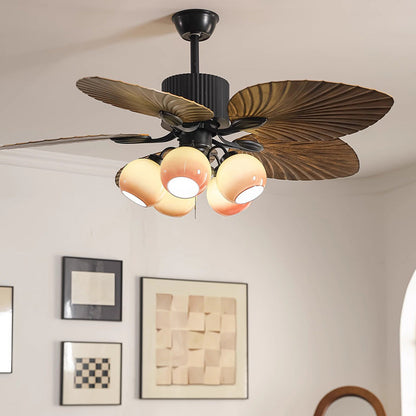 Traditional French Banana Leaves ABS Fan Round Glass Lampshade Iron 5 - Light Downrods Ceiling Fan Light For Living Room
