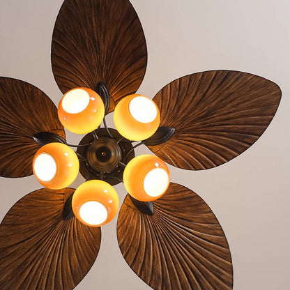 Traditional French Banana Leaves ABS Fan Round Glass Lampshade Iron 5 - Light Downrods Ceiling Fan Light For Living Room