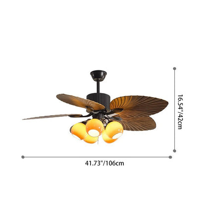 Traditional French Banana Leaves ABS Fan Round Glass Lampshade Iron 5 - Light Downrods Ceiling Fan Light For Living Room