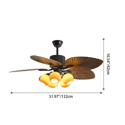 Traditional French Banana Leaves ABS Fan Round Glass Lampshade Iron 5 - Light Downrods Ceiling Fan Light For Living Room
