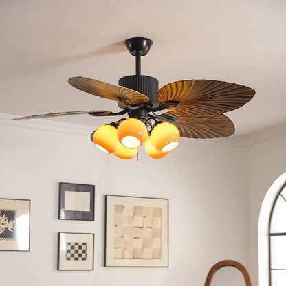 Traditional French Banana Leaves ABS Fan Round Glass Lampshade Iron 5 - Light Downrods Ceiling Fan Light For Living Room
