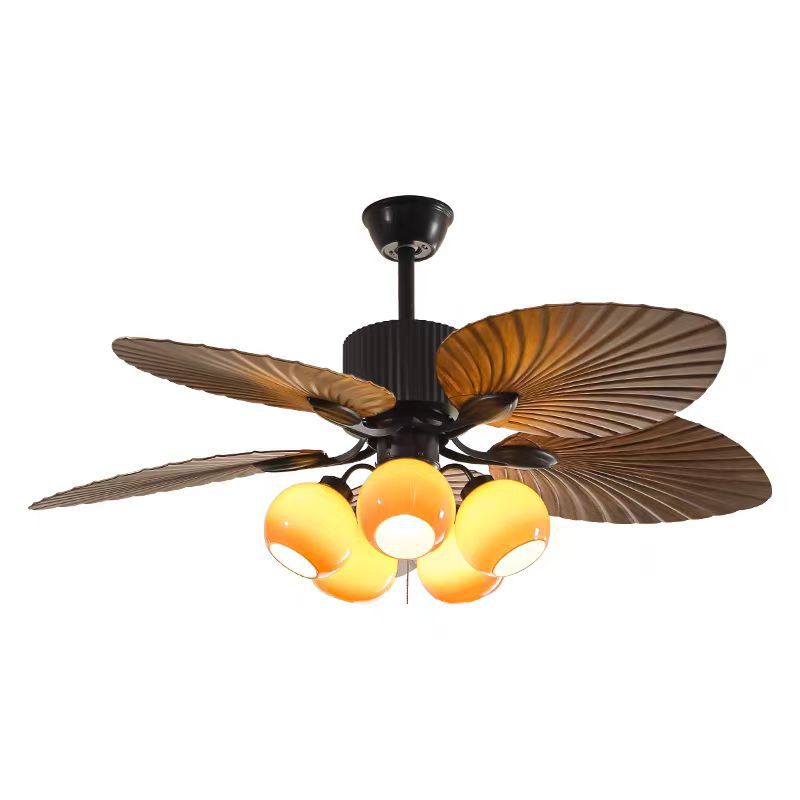 Traditional French Banana Leaves ABS Fan Round Glass Lampshade Iron 5 - Light Downrods Ceiling Fan Light For Living Room