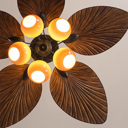 Traditional French Banana Leaves ABS Fan Round Glass Lampshade Iron 5 - Light Downrods Ceiling Fan Light For Living Room