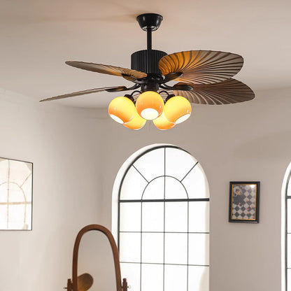 Traditional French Banana Leaves ABS Fan Round Glass Lampshade Iron 5 - Light Downrods Ceiling Fan Light For Living Room