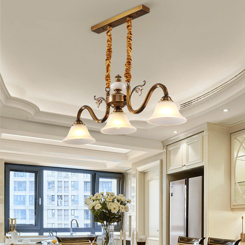 Contemporary Nordic Morning Glory Glass Lampshade Copper Jade 3 - Light Chandelier For Dining Room