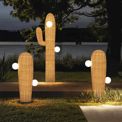 Contemporary Creative Cactus Waterproof Rubber Rattan Stainless Steel 2 - Light Standing Floor Lamp For Outdoor Patio