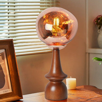 Contemporary Scandinavian Lava Irregular Round Solid Wood Acrylic 1 - Light Table Lamp For Living Room