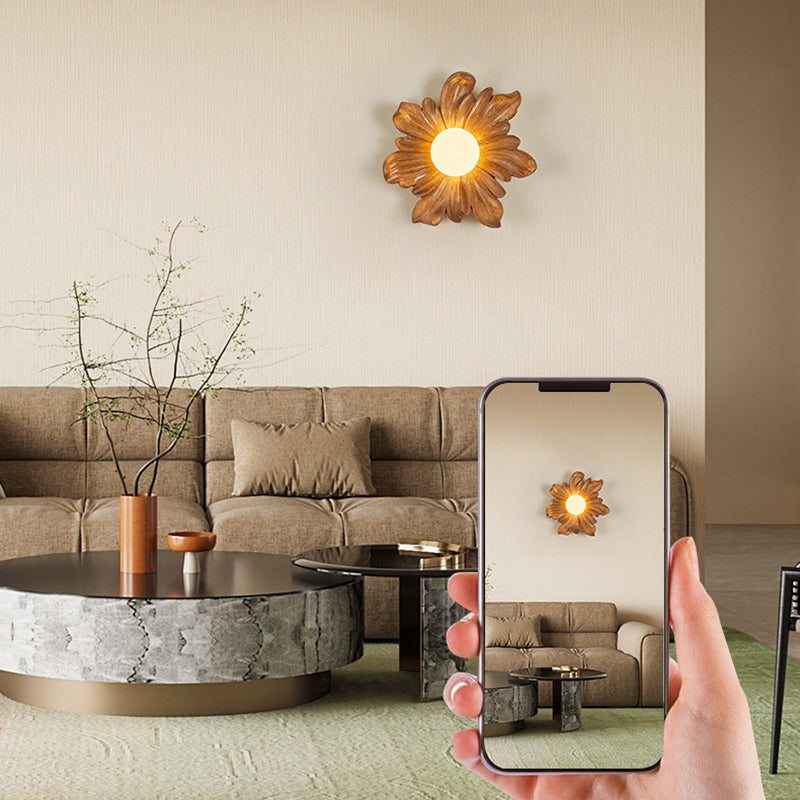 Traditional Japanese Floral Orb Resin Roto-molding 1 - Light Wall Sconce Lamp For Living Room