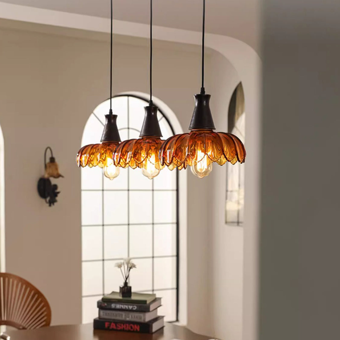 Traditional French Flower Linear Base Ash Glass 3 - Light Chandelier For Dining Room
