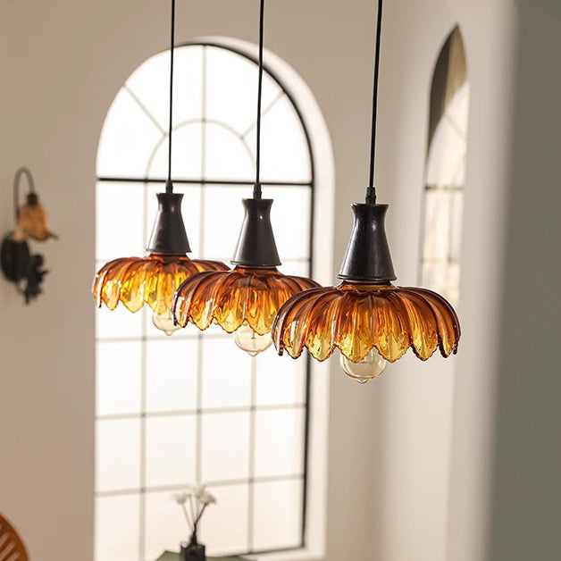 Traditional French Flower Linear Base Ash Glass 3 - Light Chandelier For Dining Room