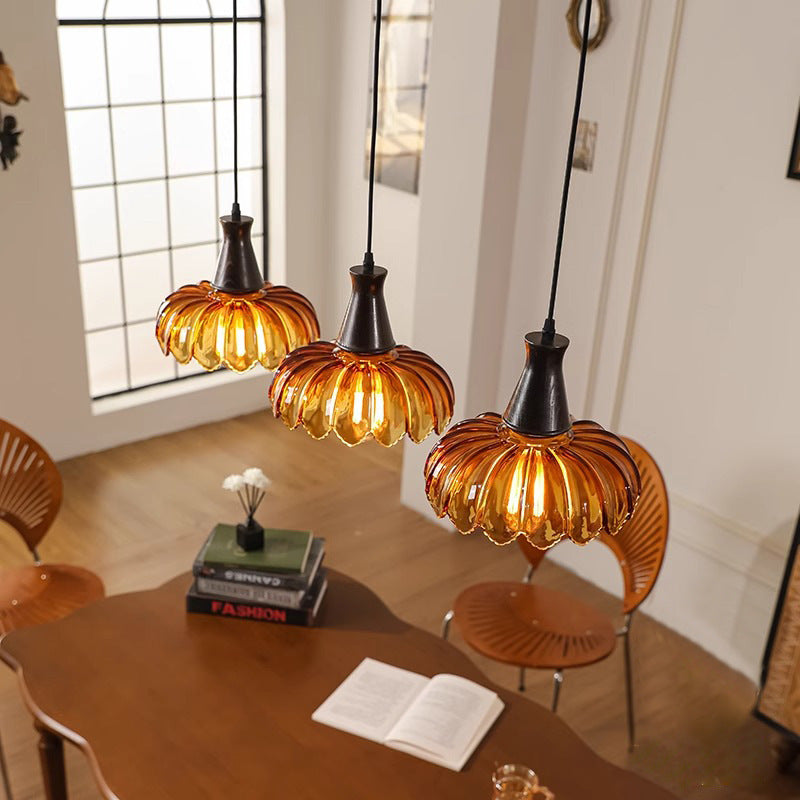 Traditional French Flower Linear Base Ash Glass 3 - Light Chandelier For Dining Room