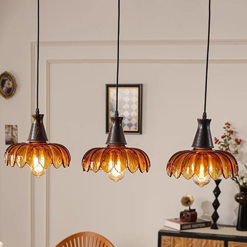 Traditional French Flower Linear Base Ash Glass 3 - Light Chandelier For Dining Room