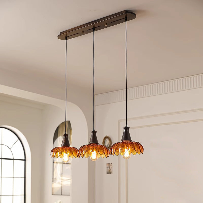Traditional French Flower Linear Base Ash Glass 3 - Light Chandelier For Dining Room