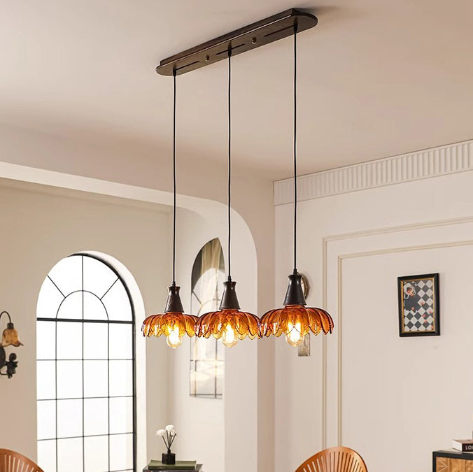 Traditional French Flower Linear Base Ash Glass 3 - Light Chandelier For Dining Room