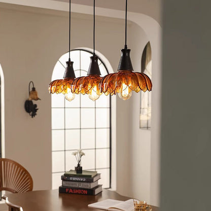 Traditional French Flower Linear Base Ash Glass 3 - Light Chandelier For Dining Room