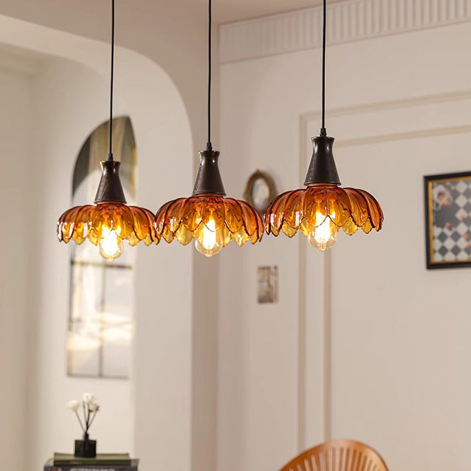 Traditional French Flower Linear Base Ash Glass 3 - Light Chandelier For Dining Room