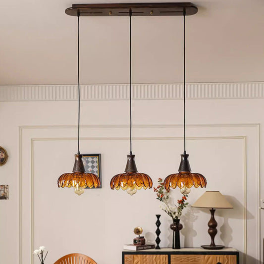 Traditional French Flower Linear Base Ash Glass 3 - Light Chandelier For Dining Room