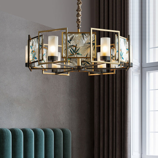 Traditional Chinese Dome Block Enamel Iron Copper Glass 6 - Light Chandelier For Dining Room