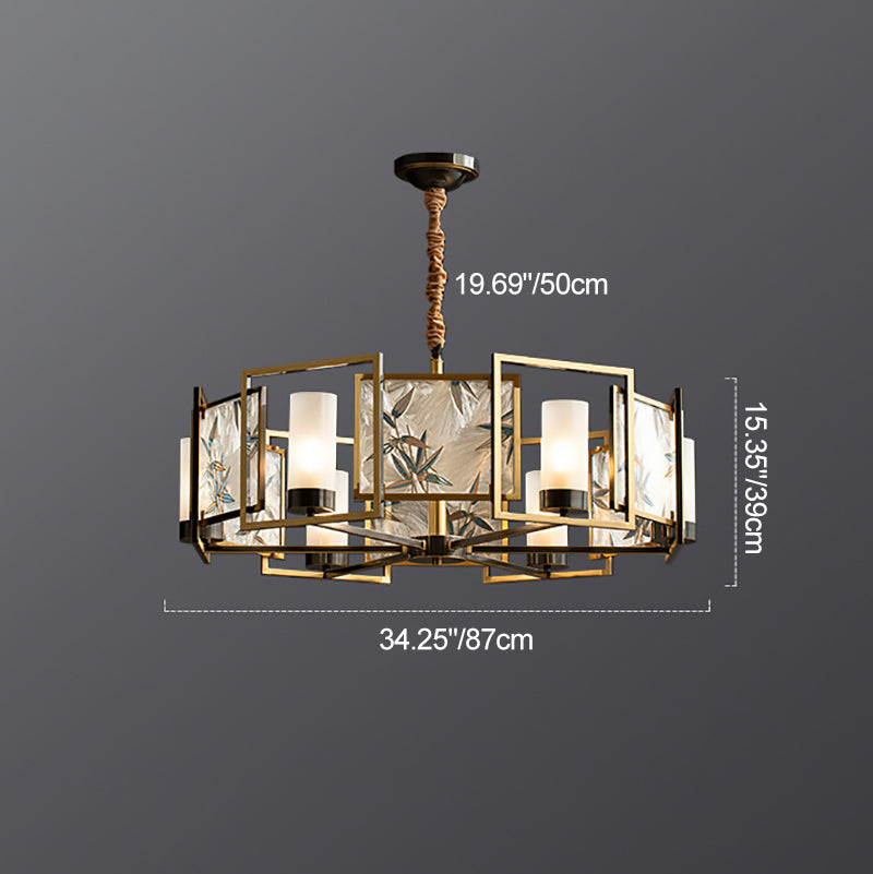 Traditional Chinese Dome Block Enamel Iron Copper Glass 6 - Light Chandelier For Dining Room