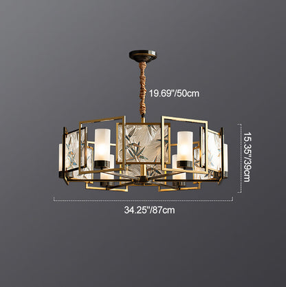 Traditional Chinese Dome Block Enamel Iron Copper Glass 6 - Light Chandelier For Dining Room