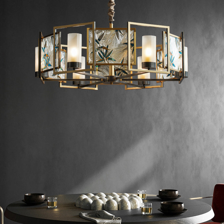 Traditional Chinese Dome Block Enamel Iron Copper Glass 6 - Light Chandelier For Dining Room